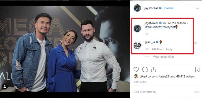 Gisella Anastasia kirim emot bunga untuk Wijin di halaman Instagram.