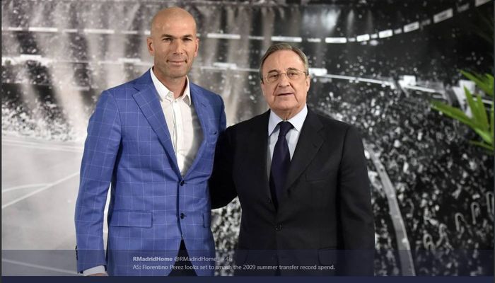 Presiden Real Madrid, Florentino Perez (kanan), dan pelatih Zinedine Zidane.