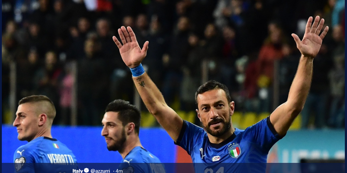 Penyerang Italia, Fabio Quagliarella, merayakan gol yang dicetaknya saat melawan Liechtenstein di Kualifikasi Piala Eropa 2020, Selasa (26/3/2019).