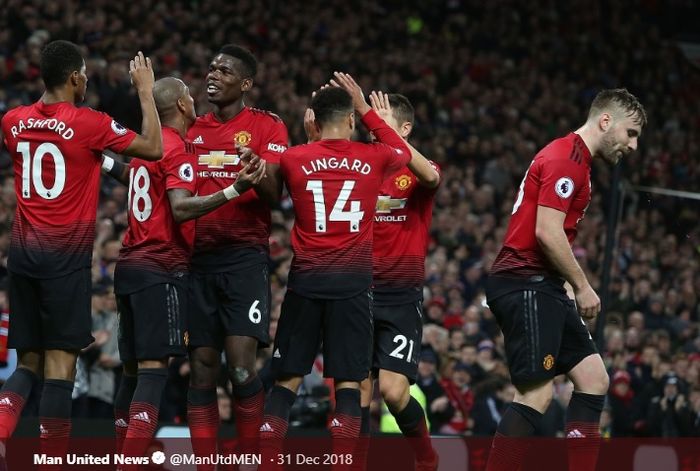 Skuat Manchester United merayakan kemenangan atas Bournemouth pada bulan Desember 2018 lalu.