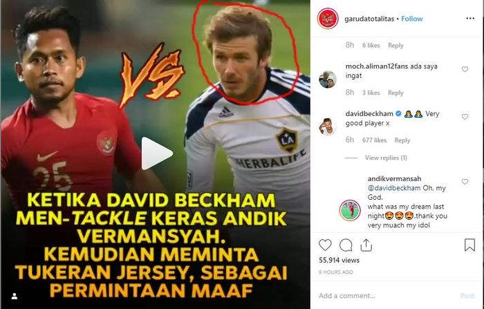 Komentar David Beckham soal Andik Vermansah di akun Instagram Garudatotalitas.