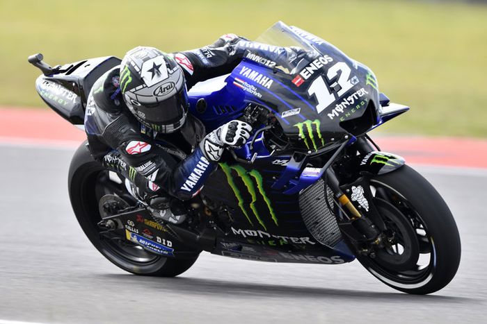 Maverick Vinales di atas Yamaha M1 di latihan resmi MotoGP Argentina 2019 di sirkuit Termas de Rio Hondo