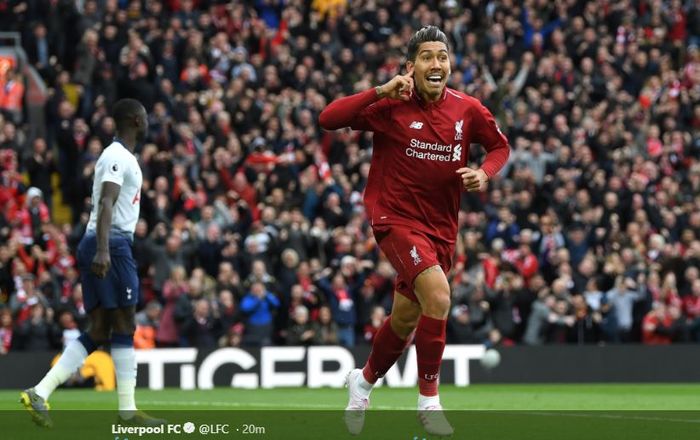 TWITTER.COM/LFC
Penyerang Liverpool, Roberto Firmino (kanan), merayakan gol yang dicetak ke gawang Tottenham Hotspur dalam laga Liga Inggris di Stadion Anfield, Minggu (31/3/2019).
