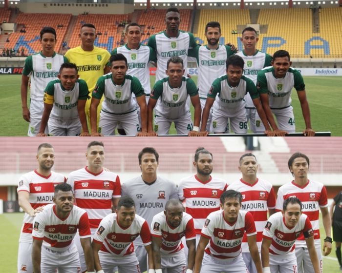 Skuat Persebaya Surabaya (atas) dan skuat Madura United (bawah) yang akan berduel di Piala Indonesia 2018.