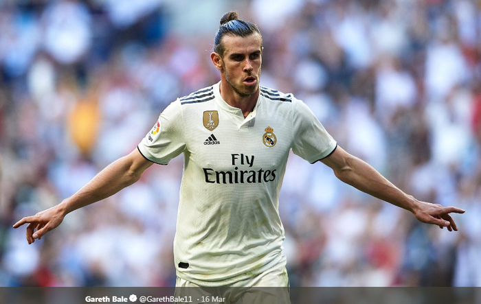 Penyerang sayap Real Madrid, Gareth Bale, merayakan gol ke gawang Celta Vigo dalam laga La Liga Spanyol, Sabtu (16/3/2019) di Stadion Santiago Bernabeu, Madrid.