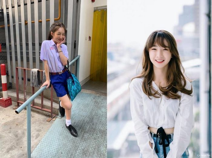 Peerada Namwong mengenakan seragam sekolah.