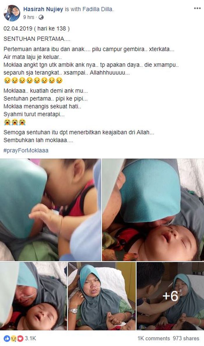 Nur Fadila akhirnya merasakan sentuhan bayinya untuk pertama kalinya setelah mengalami koma selama lima bulan pasca melahirkan.