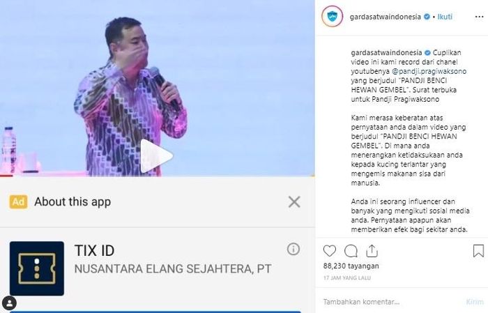 Melalui postingan akun Instagramnya, Garda Satwa Indonesia memberikan kritikan pada Pandji Pragiwaksono masalah materi stand upnya tentang kucing.