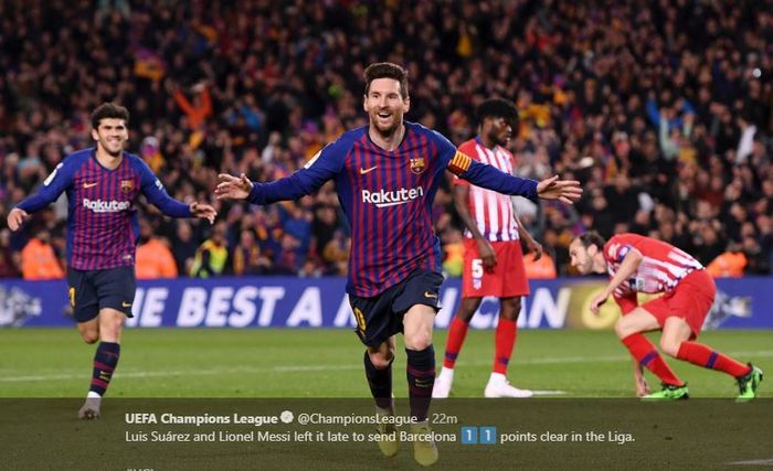 Megabintang Barcelona, Lionel Messi, merayakan gol yang dicetak ke gawang Atletico Madrid dalam laga Liga Spanyol di Stadion Camp Nou, Sabtu (6/4/2019).