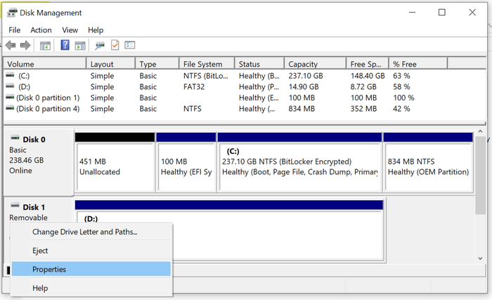 Klik kanan drive flashdisk di Disk Management dan pilih Properties