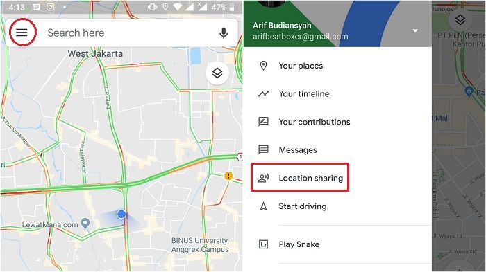 klik tanda garis tiga, lalu pilih location sharing
