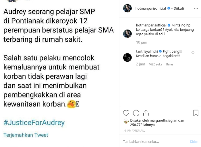 Hotman Paris meminnta keadilan untuk kasus Audrey