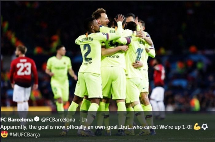 Kegembiraan para pemain Barcelona seusai mengalahkan Manchester United 1-0 dalam partai Liga Champions di Old Trafford, Rabu (10/4/2019)