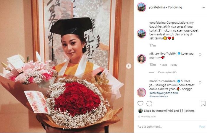 Ucapan selamat dari Yora Febrina kepada putrinya, Nikita Willy