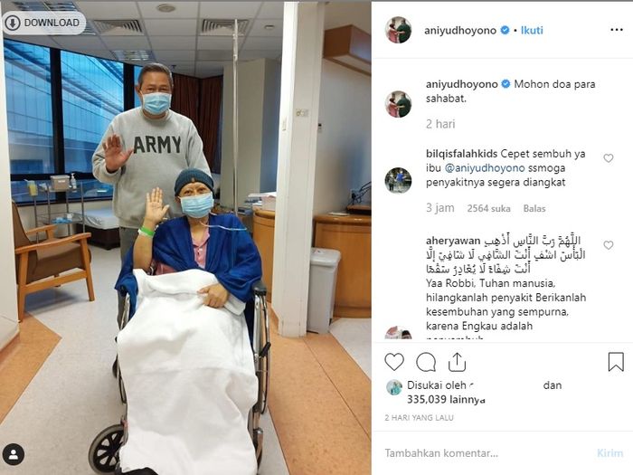 Postingan Ani Yudhoyono di Instagram terkait kondisi kesehatannya.