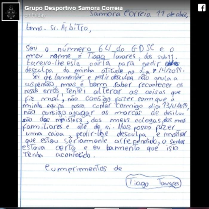 Surat yang ditulis pemain muda Grupo Deportivo Samora Correia untuk wasit.