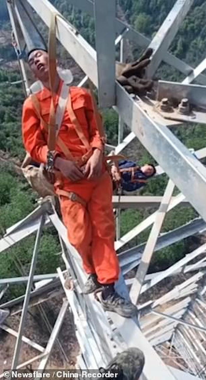Video para pekerja listrik tidur siang di ketinggian 50 meter jadi viral.