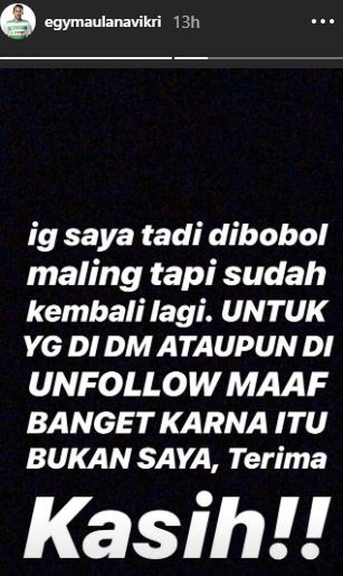 Instastory Instagram Egy Maulana Vikri, Senin (15/4/2019).