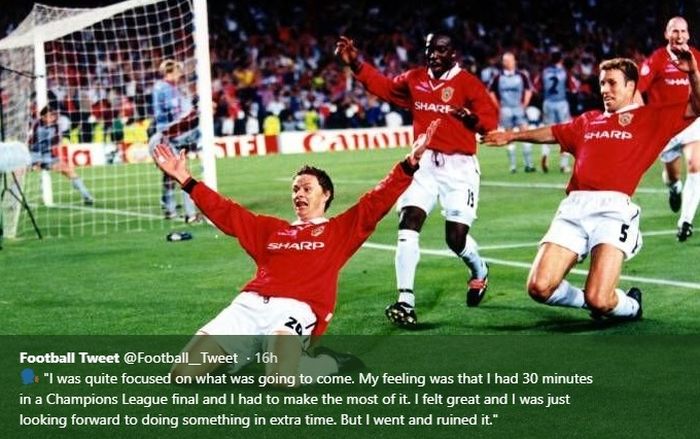 Selebrasi Ole Gunnar Solskjaer usai cetak gol ke gawang Bayern Muenchen pada Final Liga Champions edisi 1998-1999