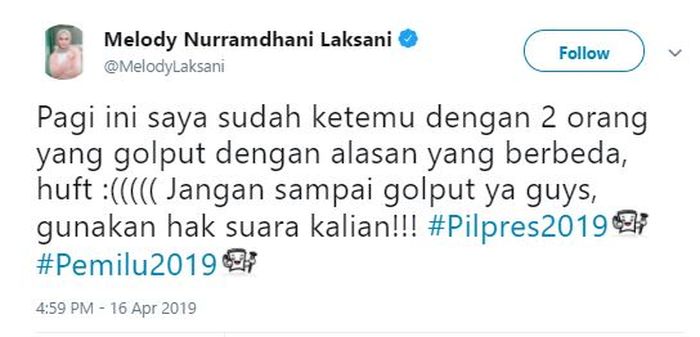 Melody eks JKT48 ungkap kecewanya ketika nyoblos.