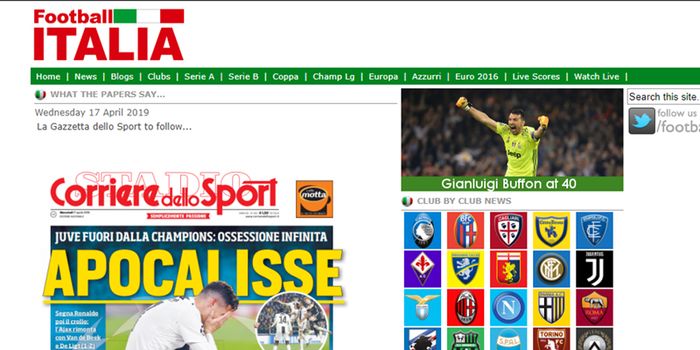 'Apocalisse' atau 'Hari Kiamat' menjadi tajuk utama surat kabar olahraga Italia, Corriere dello Sport, pada edisi 17 April 2019.