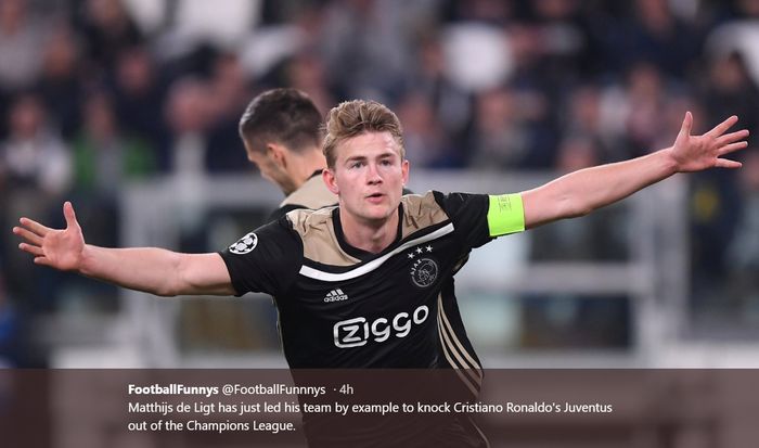 Bek muda Ajax Amsterdam, Matthijs de Ligt, merayakan gol kemenangan atas Juventus di babak perempat final Liga Champions.