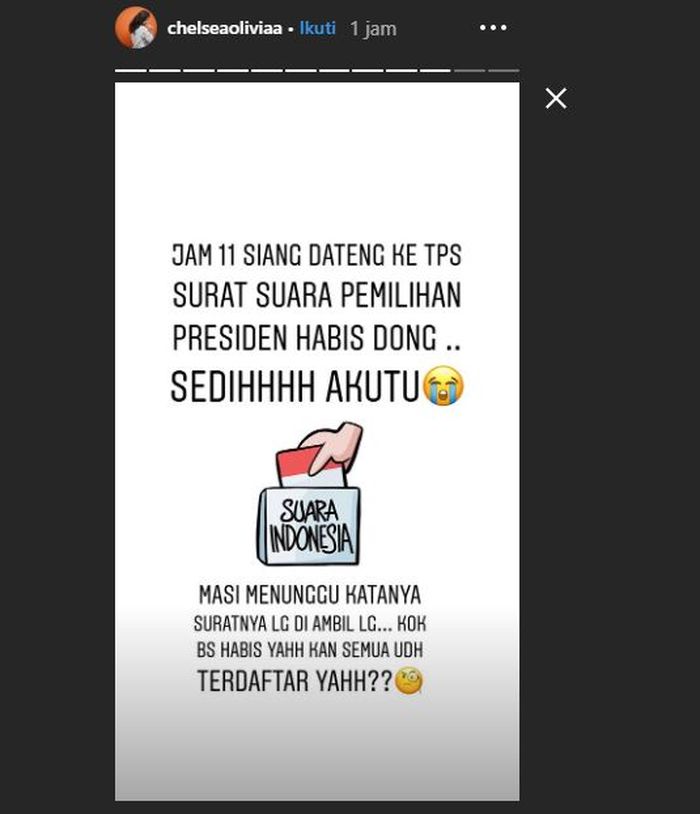 Keluhan Chelsea Olivia Menunggu Berjam-jam di TPS Karena Surat Suara Pilpres Habis