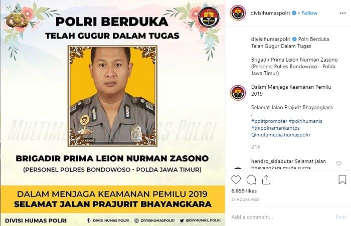 Brigadir Prima Leion Nurman Zasono meninggal dunia saat tugas Pemilu 2019