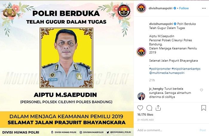 Aiptu M.Saepudin meninggal dunia saat tugas Pemilu 2019