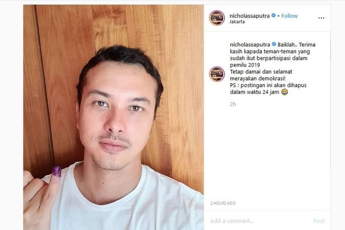 Foto selfie Nicholas Saputra yang sudah mengikuti pemilu