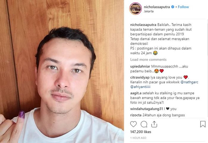 Foto Selfie Nicholas Saputra usai Pemilu 2019