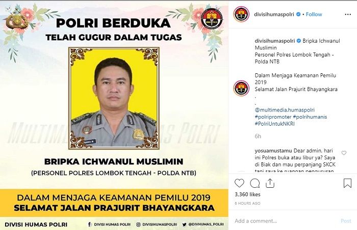 Bripka Ichwanul Muslimin meninggal dunia saat tugas Pemilu 2019