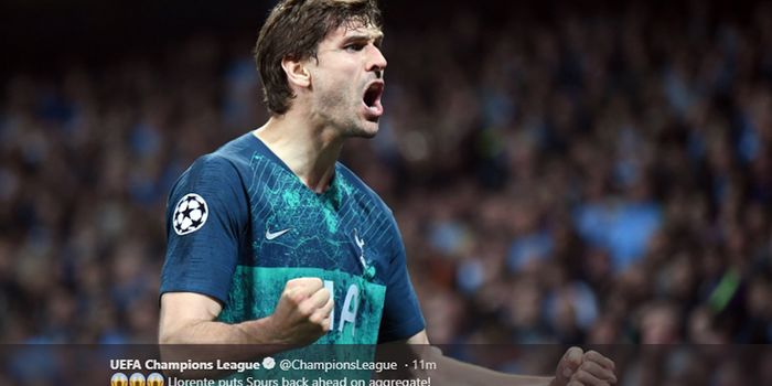 Selebrasi striker Tottenham Hotspur, Fernando Llorente, setelah mencetak gol ke gawang Manchester City dalam pertandingan leg kedua babak perempat final Liga Champions di Stadion Etihad, 17 April 2019.