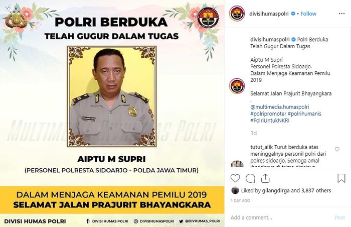 Aiptu M Supri, personel Polresta Sidoarjo gugur dalam menjaga keamanan Pemilu 2019.