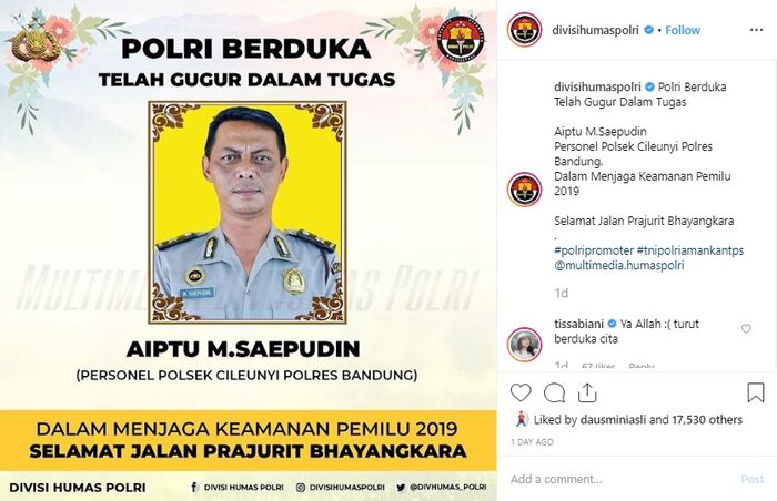 Aiptu M.Saepudin, personel Polsek Cileunyi Polres Bandung gugur dalam mengawal jalannya Pemilu 2019.