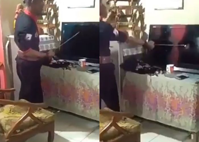 Hasil Quick Count tak sesuai ekspetasinya, pria ini babat televisi pakai golok