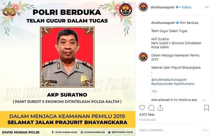 AKP Suratno, Panit Subdit II Ekonomi Ditintelkam Polda Kaltim gugur pada saat tugas.