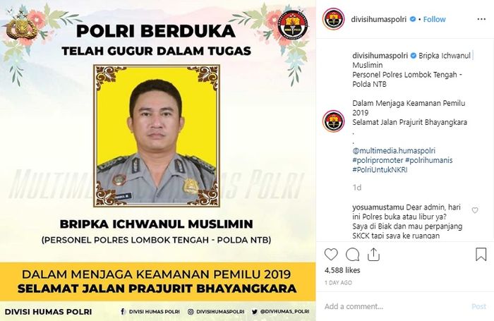 Bripka Ichwanul Muslimin, personel Polres Lombok Tengah, Polda NTB gugur saat kawal Pemilu 2019