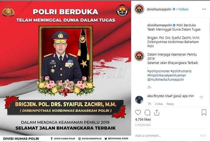 Bhayangkara Brigjen. Pol. Drs. Syaiful Zachri, M.M., Dirbinpotmas Korbinmas Baharkam Polri juga turut gugur dalam tugas.