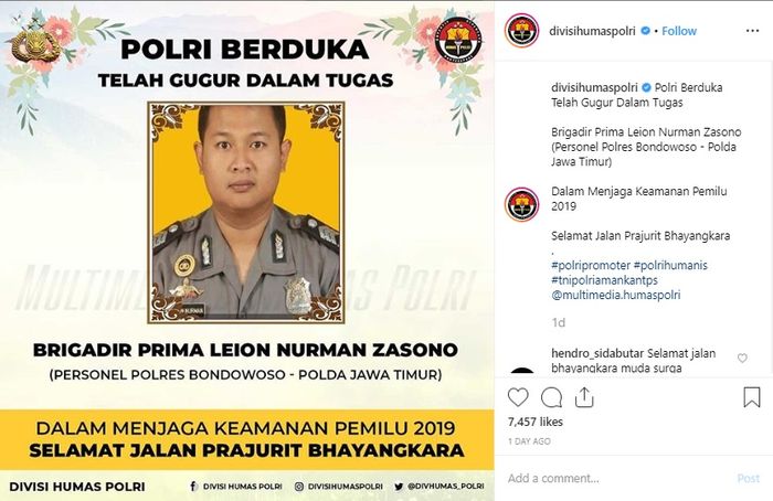 Brigadir Prima Leion Nurman Zasono, personel Polres Bondowoso, Polda Jawa Timur gugur dalam tugas.