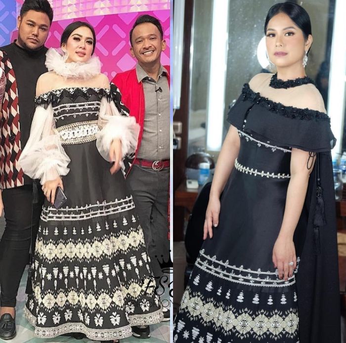 Syahrini dan Annisa Pohan tampak mengenakan dress model flare bernuansa warna monokrom rancangan desainer Danny Satriadi