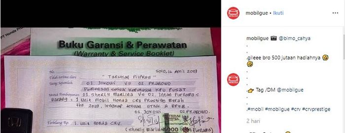 Postingan akun instagram @mobilgue tentang taruhan mobil CRV.