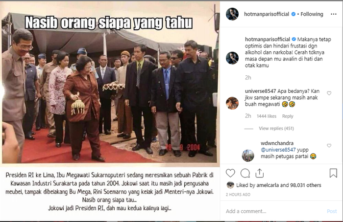 Unggahan Hotman Paris di Instagram, tampak Jokowi di tahun 2004 yang diduga masih menjadi pengusaha mebel.