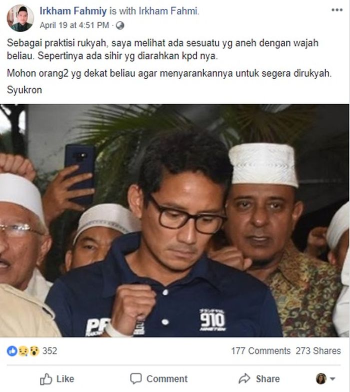 Seorang yang mengaku pakar Rukyah menyebut Sandiaga Uno kena sihir.