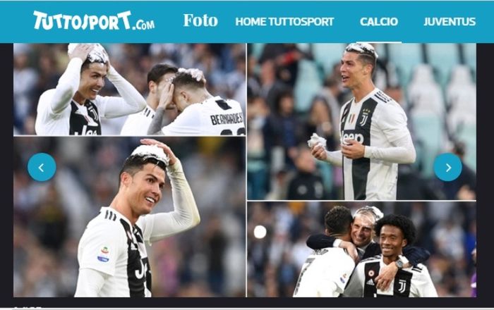 Kegembiraan Cristiano Ronaldo setelah Juventus mengunci scudetto 2018-2019.