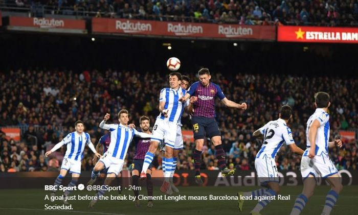 Clement Lenglet mencetak gol Barcelona ke gawang Real Sociedad, 20 April 2019.
