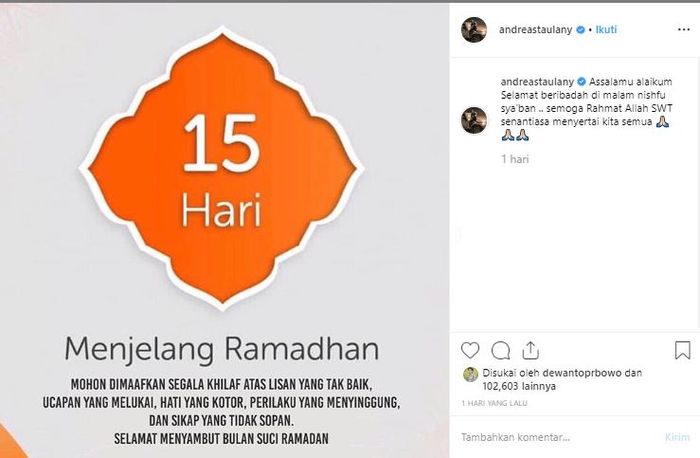 Postingan permintaan maaf Andre Taulany pasca kasus pelaporan sang istri ke kepolisian.