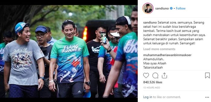 Unggahan Sandiaga yang menunjukkan kalau dirinya sudah kembali sehat