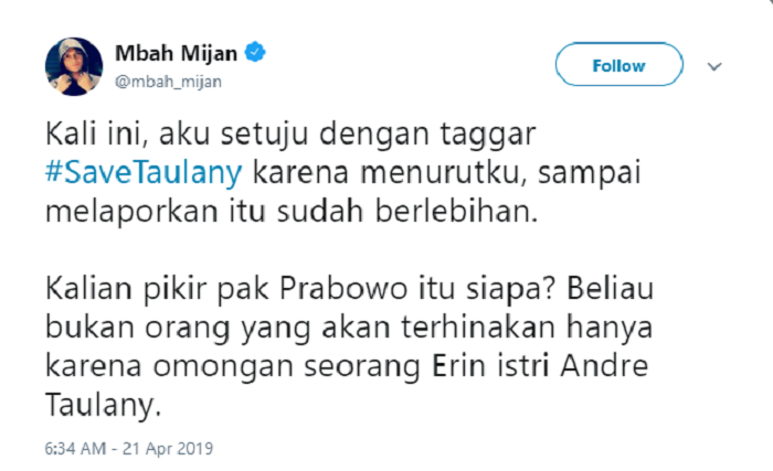 Mbah Mijan buka suara soal taggar #SaveTaulany di akun Twitternya.