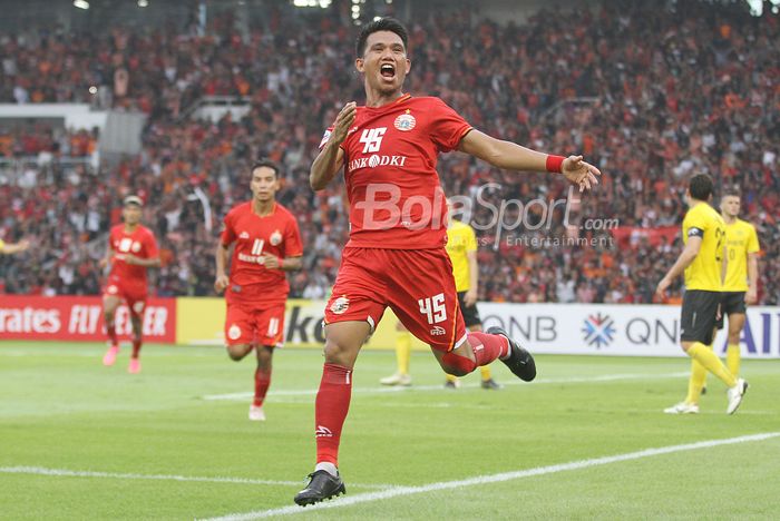 Pemain Persija Jakarta, Sandy Sute merayakan gol kegawang Ceres Negros FC pada laga penyisihan Grup G AFC CUP di Stadion Utama Gelora Bung Karno, Senayan, Jakarta,  Selasa (23/4/2019) dalam laga tersebut persija harus mengakui kekalahannya melawan Ceres dengan skor 2-3. 